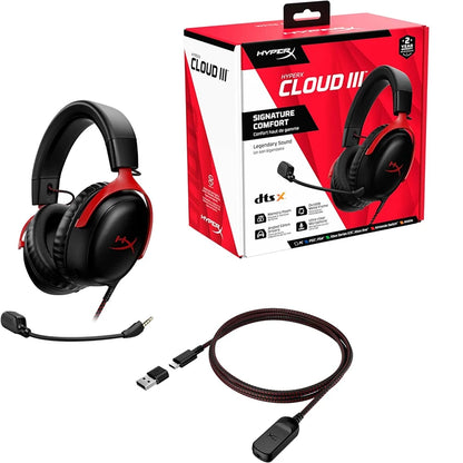 Auriculares gaming con cable HyperX Cloud III con audio espacial DTS X, transductores de 53mm y micrófono con cancelación de ruido – Auriculares gaming USB y 3.5mm para PC, PS5, Xbox y Switch