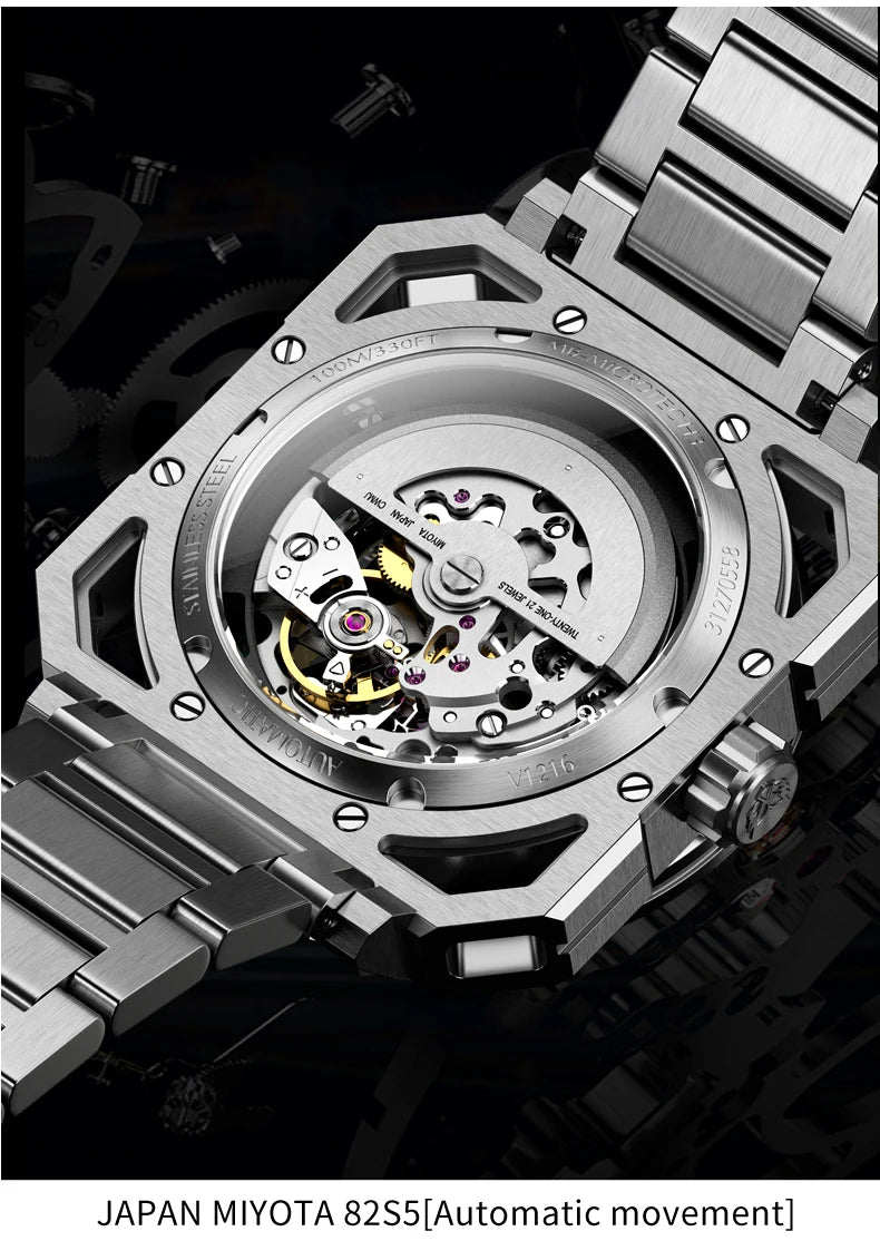 Yelang V1216 miesten kello, luksusbrändin kello, 42mm avoin kellotaulu, Japan MIYOTA 8N40 -automaattikoneisto, 100M vedenpitävä kello, hohtavat osoittimet