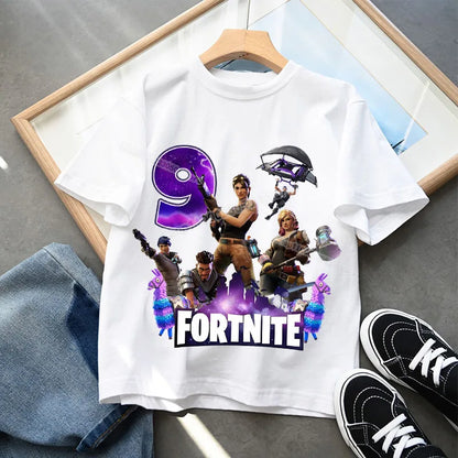 Camiseta infantil de cumpleaños Fortnite con número para niñas y niños, ropa de verano, camiseta de algodón para bebé, tops de manga corta para fiesta, regalo para niños pequeños