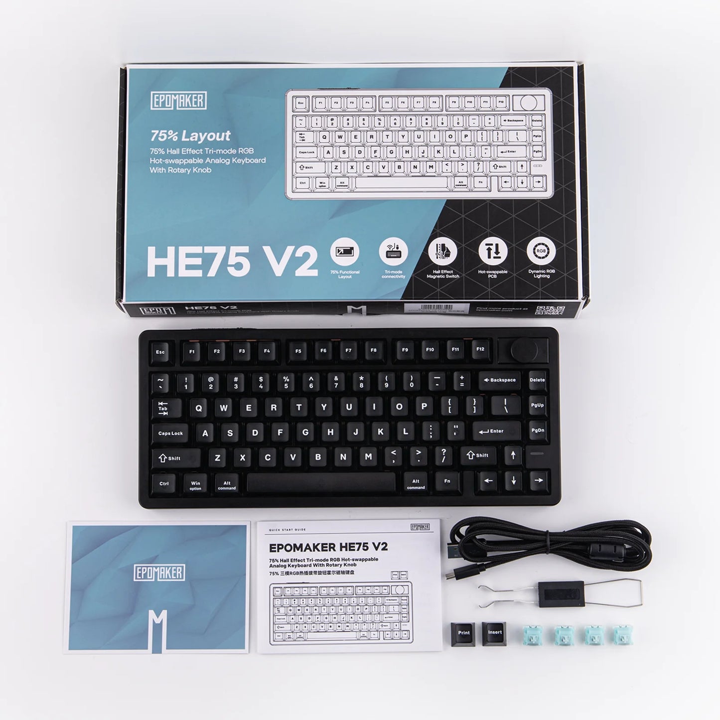Teclado gaming EPOMAKER HE75 V2 75% ANSI US Layout inalámbrico trimodo con efecto Hall, activación ajustable de 0.005mm y activación rápida