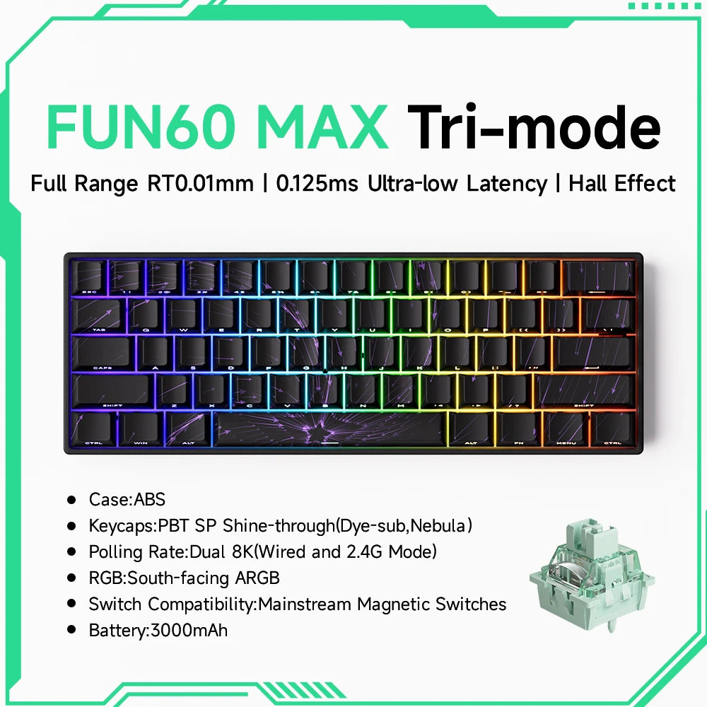 MONSGEEK FUN60 PRO&MAX HE Tastiera meccanica con switch magnetici 60% wireless da gaming, Rapid Trigger 8K ARGB, tastiera personalizzata