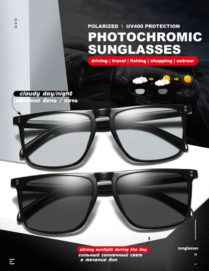 Brand Rivet Square Photochromic Sunglasses Men Polarized Women Driving Sun Glasses Day Night Vision Anti-Glare zonnebril heren