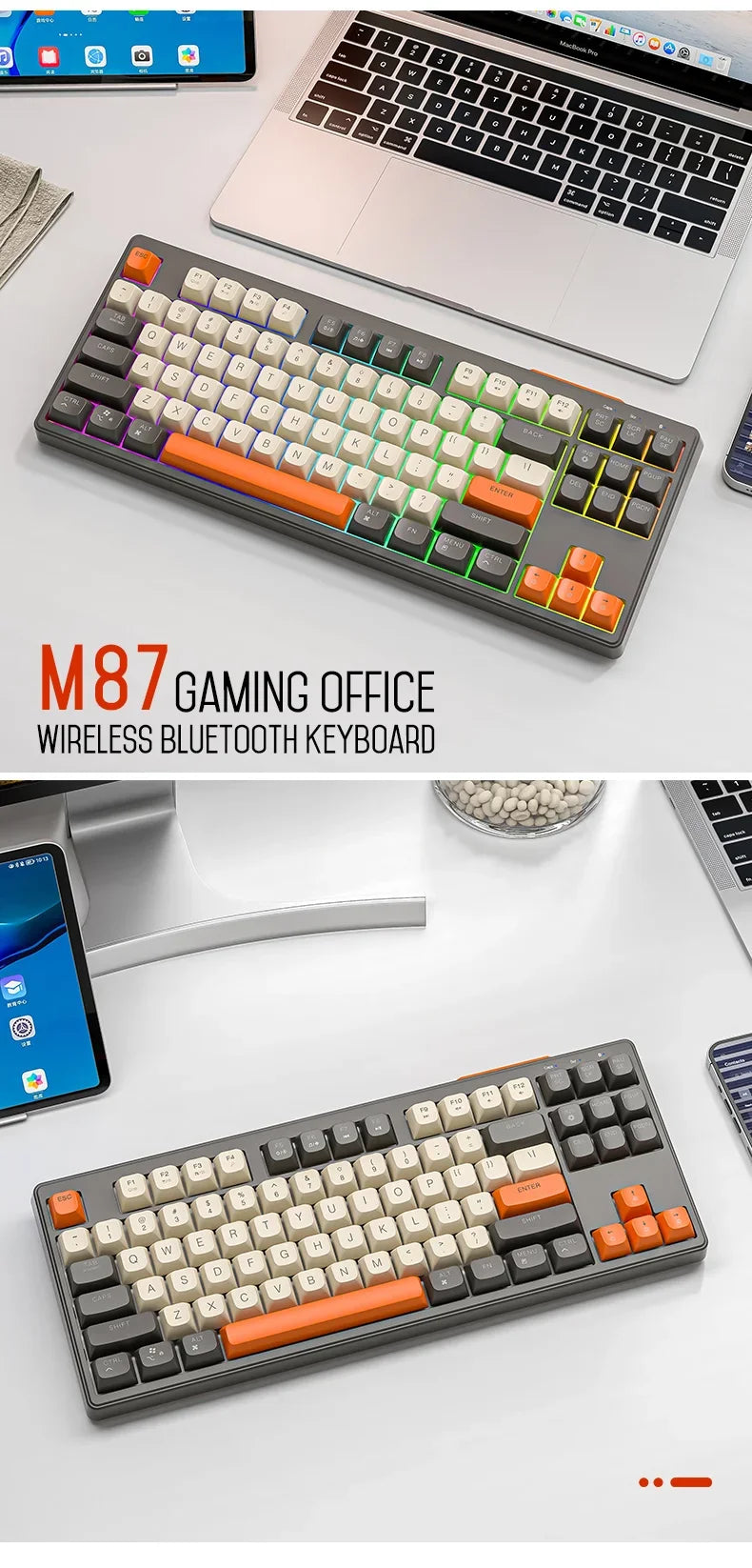 Teclado M87 inalámbrico Bluetooth de doble modo, sensación mecánica, gaming y oficina, silencioso, teclas esféricas PBT, luz arcoíris