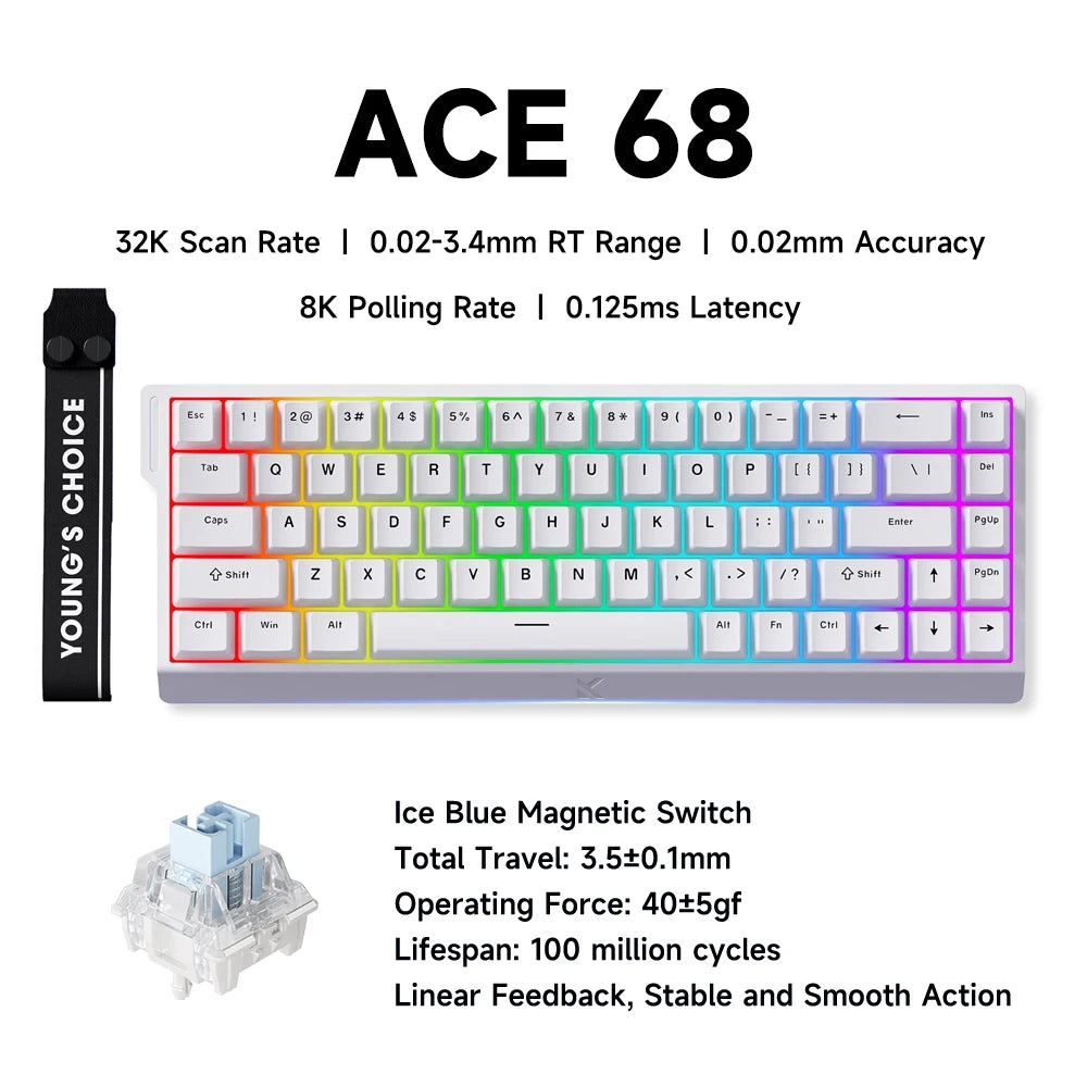 Tastiera gaming MCHOSE ACE 68 con switch magnetici Hall Effect, Rapid Trigger, RGB programmabile, 8K Hz, DKS/MT/TGL/RS/SOCD