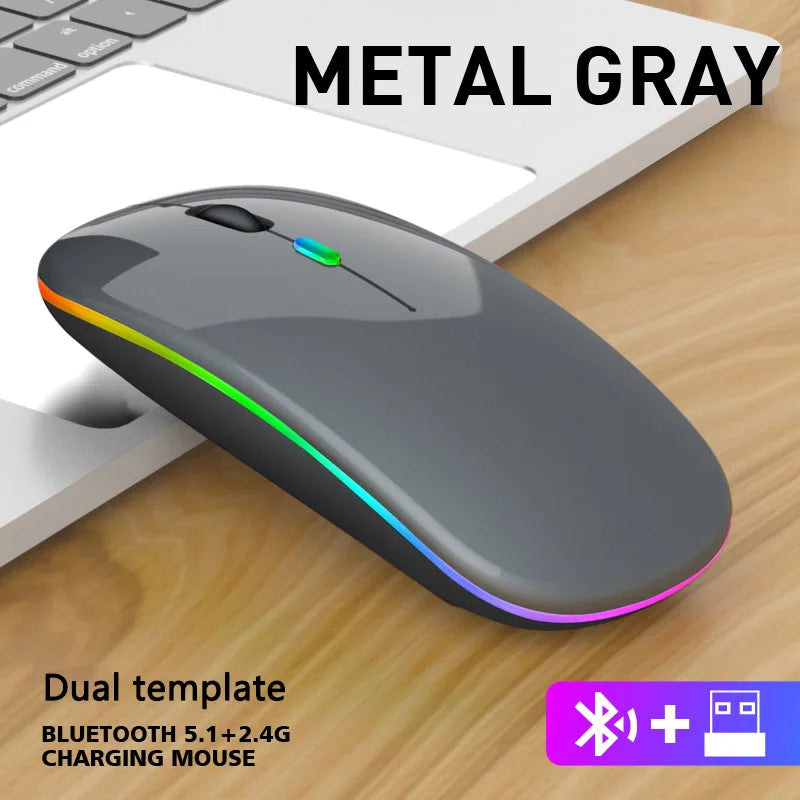 Rechargeable Bluetooth Wireless Mouse with 2.4GHz Dual Mode, RGB Ergonomic Silent Click Mouse for Laptop, PC, Mac, iPad & Android