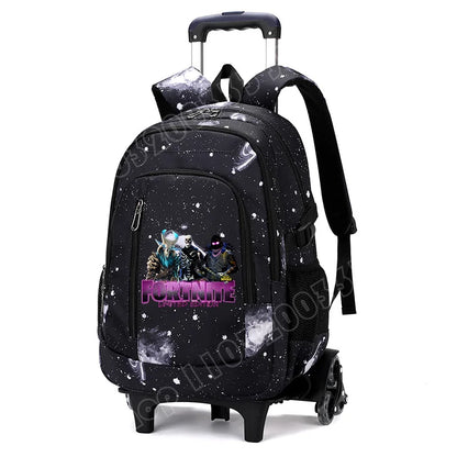 Mochila trolley 2 en 1 Fortnite con estampado de cielo estrellado, gran capacidad, impermeable, compartimento para portátil, diseño para subir escaleras, mochila escolar para estudiantes