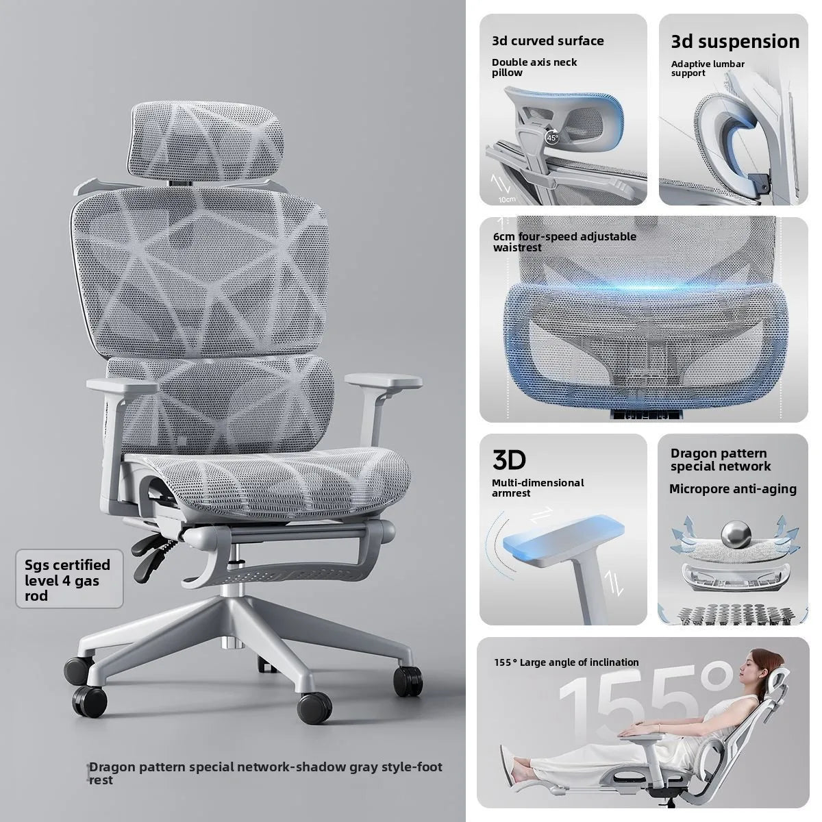 Sedia da ufficio ergonomica regolabile in mesh, sedia da scrivania per computer con schienale alto traspirante, supporto lombare 6D e poggiapiedi retrattile