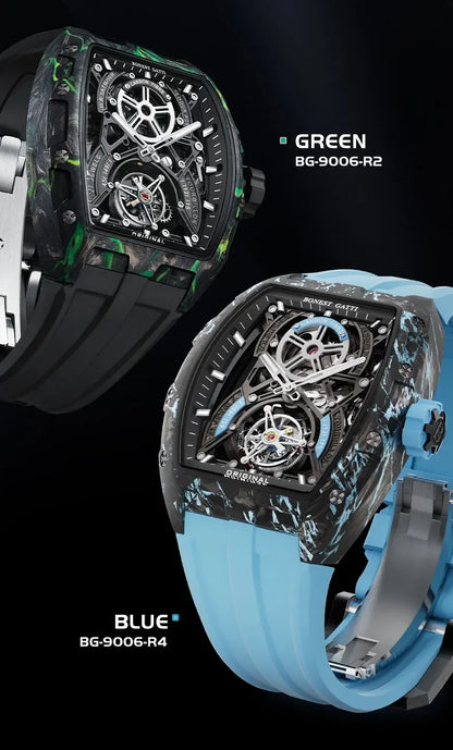 BONEST GATTI Men Automatic Mechanical Watch Skeleton Dial Sapphire Crystal Fluororubber Strap Waterproof Luminous Business watch
