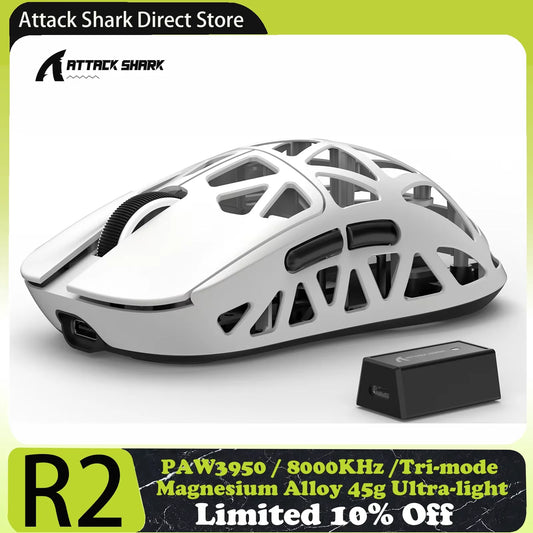 ATTACK SHARK R2 Magnesium Alloy PAW3950 Gaming Mouse, Tri-mode, 8000hz, 42000 DPI, 45g Ultralight, 100M Clicks Microswitches