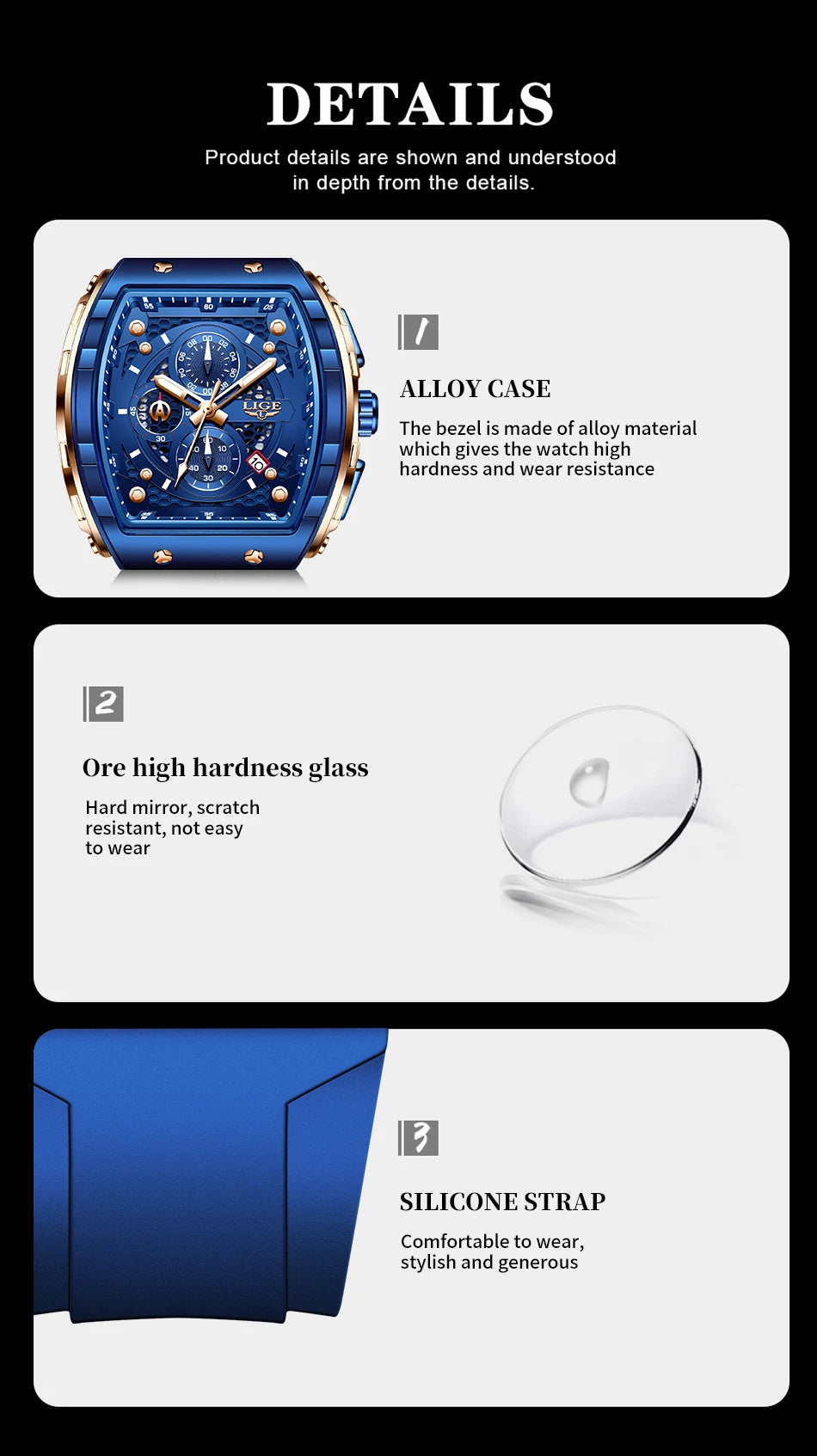 Reloj LIGE para hombre, de moda y lujo, resistente al agua, correa de silicona, cuarzo, luminoso, deportivo, fecha automática, cronógrafo, diseño sencillo