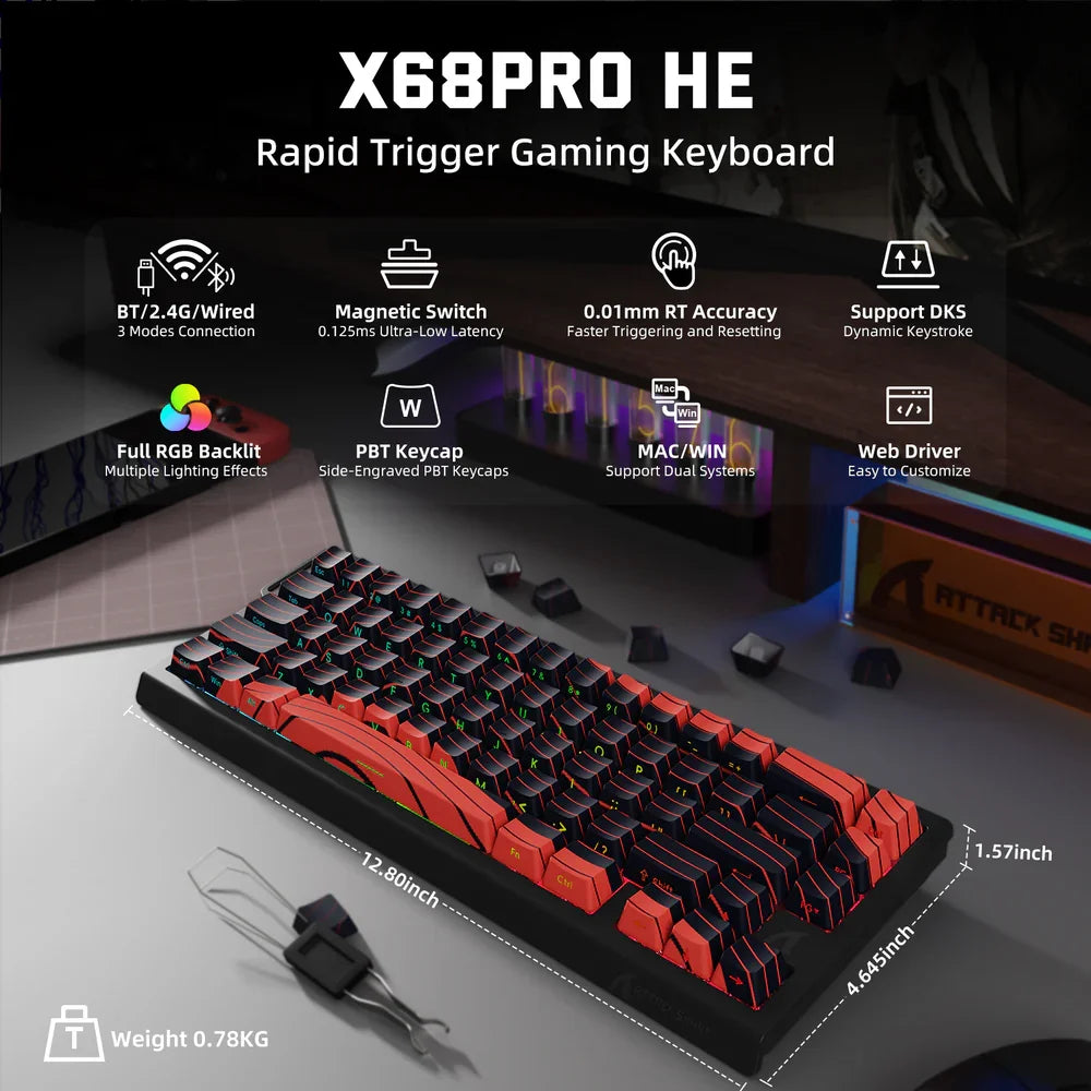 ATTACK SHARK X68PRO HE Tastiera gaming wireless Rapid Trigger con attuazione regolabile, hot-swap, retroilluminazione RGB, BT/2.4GHz/cablata