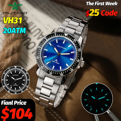 MILITADO  ML25 Quartz Dive Watch VH31 Sweep Second Sapphire Crystal 200M Waterproof BGW9 Lume Ceramic Bezel Men Watch