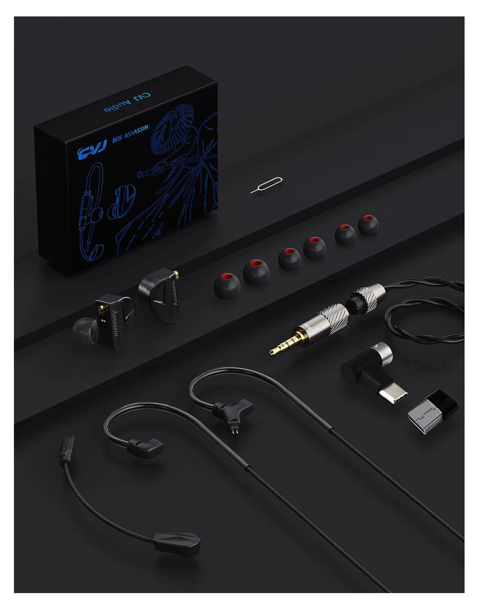 CVJ Assassin Earphones 1BA+1DD+1Vibration Switch Adjustable Gaming E-sports In-Ear 3.5mm&Type-C Hifi Headphones