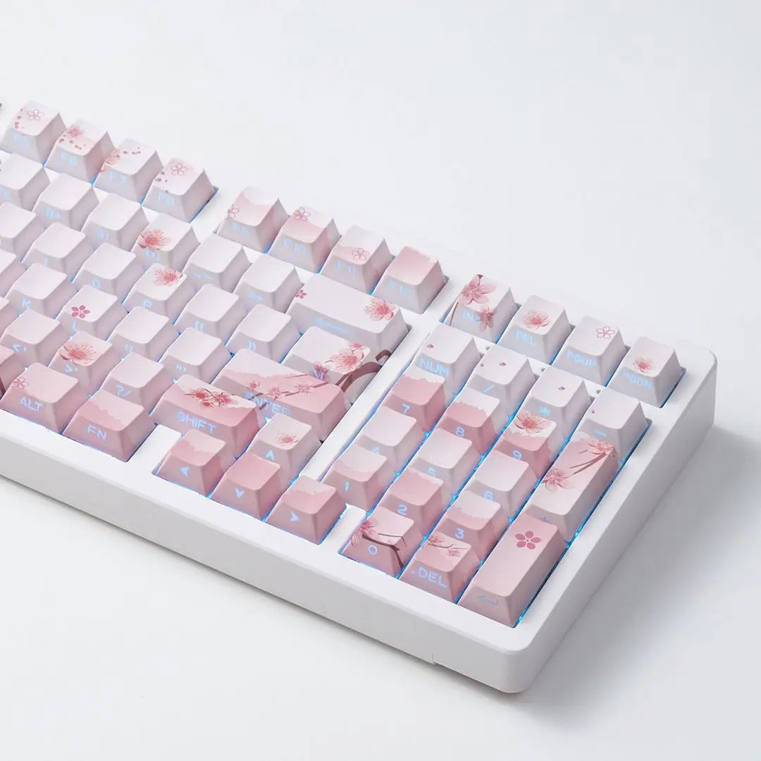 Juego de teclas Sakura Pink con grabado lateral, PBT translúcido, 127 teclas para switches MX y teclados mecánicos 60/84/90/104/108