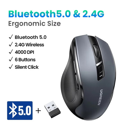UGREEN bežični miš Bluetooth 5.0, ergonomski miš 4000DPI, 6 tihih tipki, miš za MacBook, tablet, prijenosna računala, računalo PC, 2.4G miševi