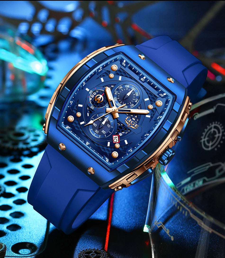Reloj LIGE para hombre, de moda y lujo, resistente al agua, correa de silicona, cuarzo, luminoso, deportivo, fecha automática, cronógrafo, diseño sencillo