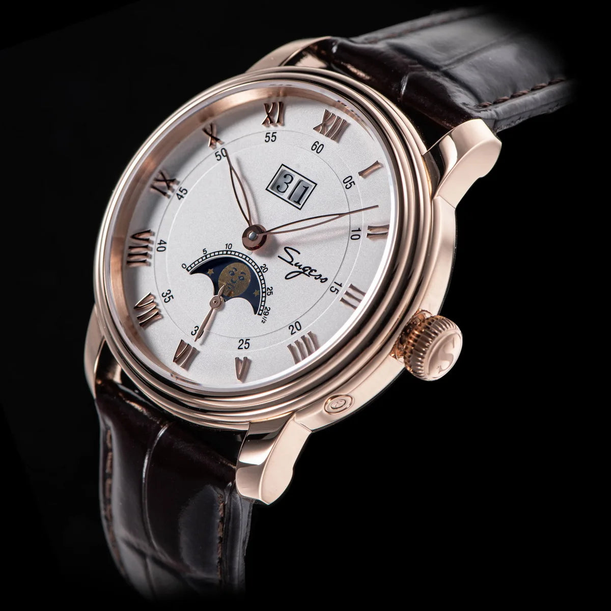 Sugess Moonphase Watch of Men 40mm Automatic Mechanical Wristwatches Seagul ST2528 Movement Stainless Steel Blue Sandstone Dial