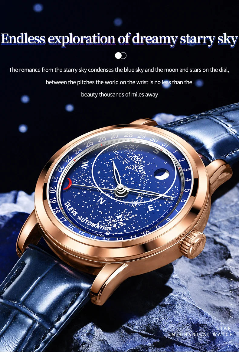 OLEVS 9923 Men's Watches Moon Phase Automatic Mechanical Watch for Man Blue Leather Luxury Dress Waterproof Luminous Wristwatch