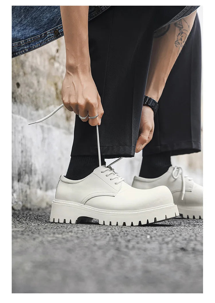 Thick Sole Casual Genuine Leather Dress Shoes Men Platform Height Increase Japan Harajuku Korean Streetwear Fashion Shoes White