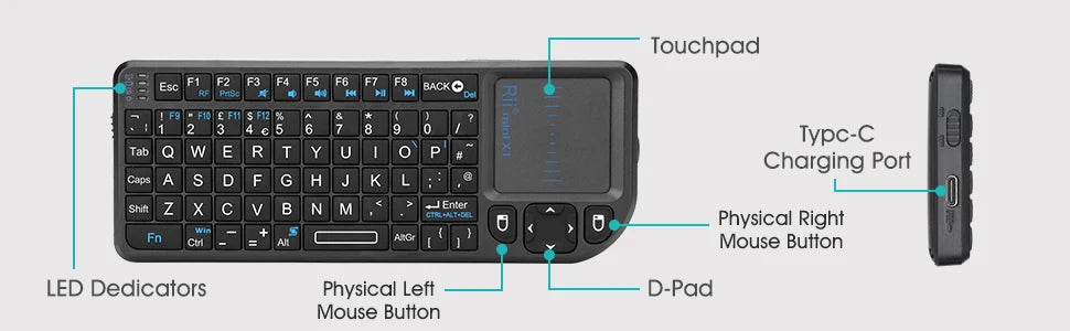 Tastiera wireless mini originale Rii X1 2.4GHz English/RU/ES/FR con TouchPad per Android TV Box/PC/Laptop