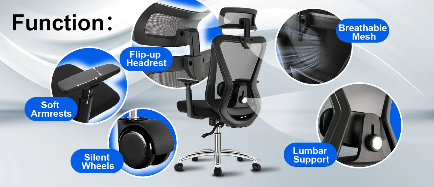 Durrafy Ergonomic Office Chair, Desk Chair With Headrest, Armrests, Swivel Chairs With 90°-130° Reclining Function (Lockable)