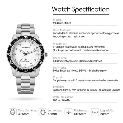 MILITADO ML25 Quartz Dive Watch VH31 Sweep Second Sapphire Crystal 200M Waterproof BGW9 Lume Ceramic Bezel Men Watch