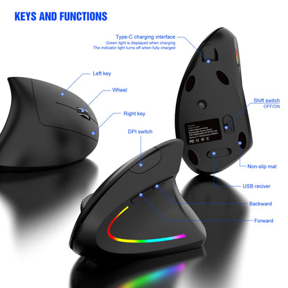 Nuevo ratón vertical inalámbrico 2.4GHz con DPI ajustable, óptico, ergonómico para la muñeca, con retroiluminación gaming, para portátil, tablet, Mac e iPad