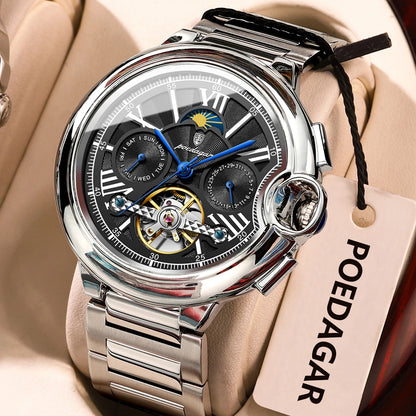 Relógio de homem POEDAGAR, estilo luxuoso e profissional, com indicação da data e do dia, turbilhão, caixa em aço inoxidável, movimento mecânico automático e resistência à água.