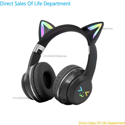 RGB Cat Ear Wireless Bluetooth Headphones for Kids & Girls – LED Light Stereo Gaming Headset with Microphone