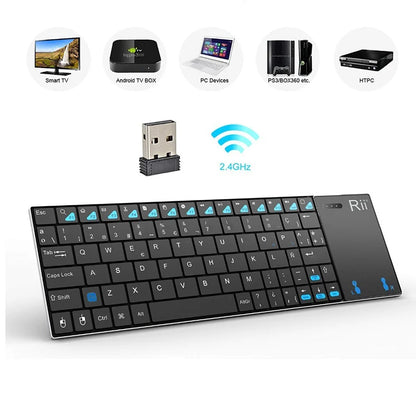 Tastiera wireless russa spagnola inglese francese Rii K12+/i12+ Mini Keyboard con touchpad mouse per Android laptop PC TV Box