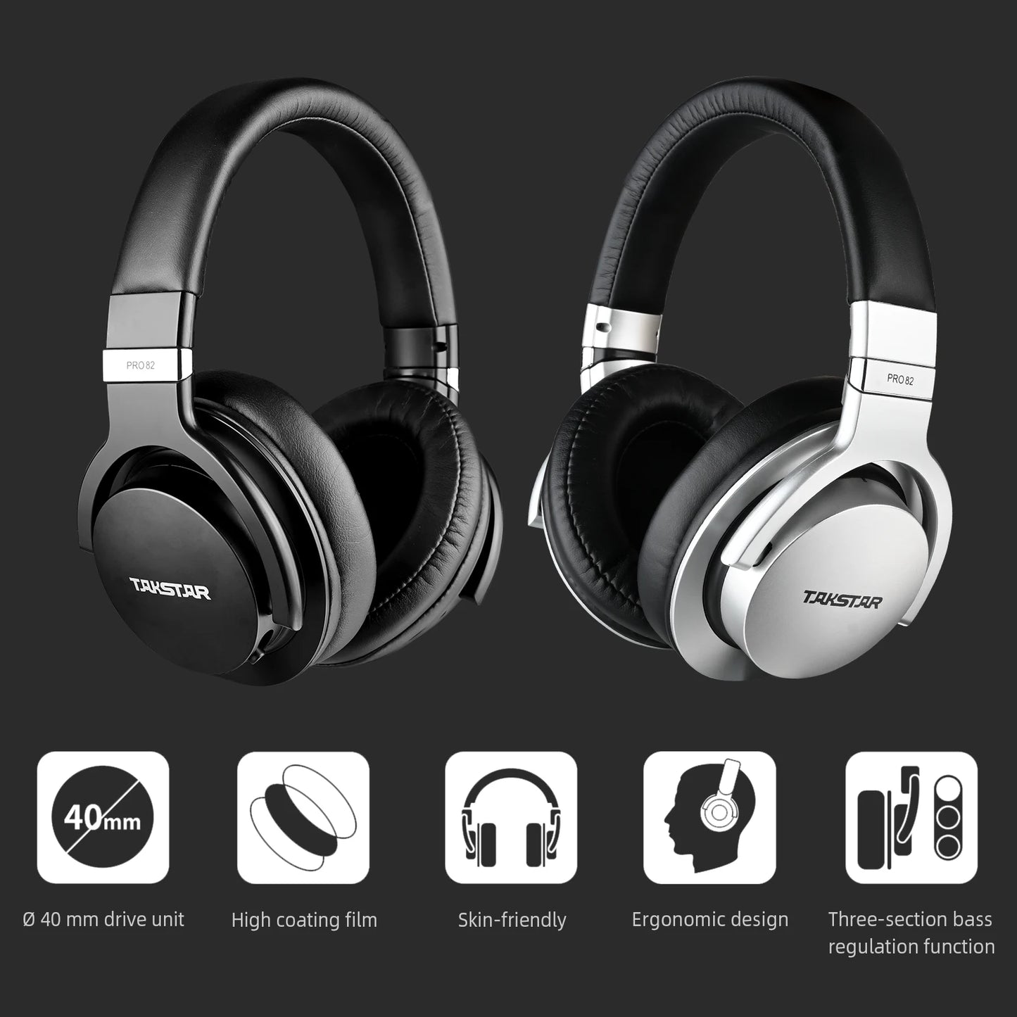 Auriculares de monitorización profesional Takstar PRO82 – Auriculares de estudio HiFi estéreo con cable para grabación, gaming y sonido preciso con graves ajustables