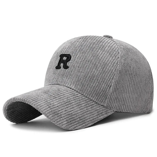 Corduroy Baseball Cap with 3D Embroidered 'R' Letter Solid Color Adjustable Structured Hat Stylish Fall and Winter Accessory