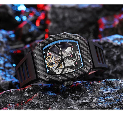 Mechaniczny zegarek Tourbillion dla mężczyzn, silikonowy pasek, szkieletowa koperta tonneau, automatyczne zegarki męskie, luksusowa topowa marka, reloj hombre