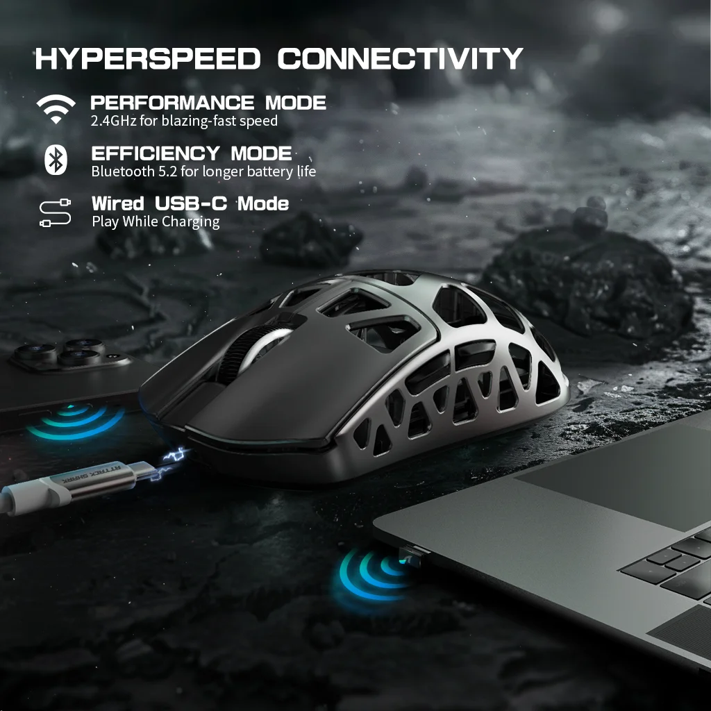ATTACK SHARK R3 8KHz Magnesium Alloy Mouse, PixArt PAW3395 Sensor, up to 26000 DPI, 2.4G/BT/Wired, 46g superlight, for PC/Mac