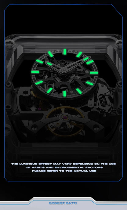 BONEST GATTI New Fully Automatic Men Watch Skeleton Mechanical Watch Rubber Black Band Luminous Barrel Shaped Men Watch