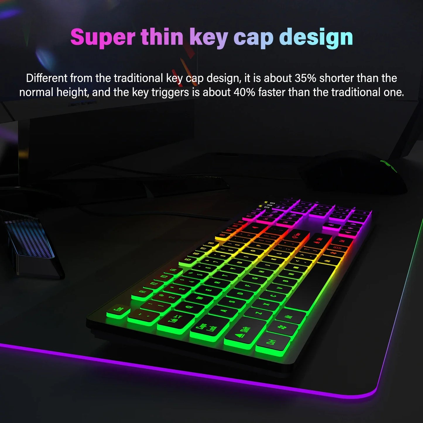 Tastiera da gaming per computer retroilluminata RGB silenziosa, tastiera cablata USB per ufficio e casa, russo, francese, spagnolo, tedesco, arabo, inglese