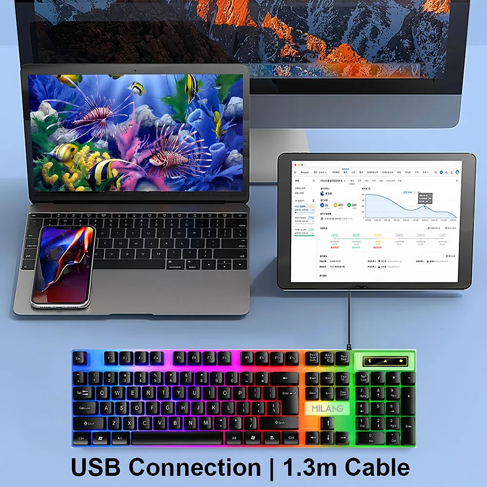 Teclado gaming RGB USB con cable de 104 teclas, cable de 1.3M, teclado de membrana con sensación mecánica para PC, portátil, Windows e IOS