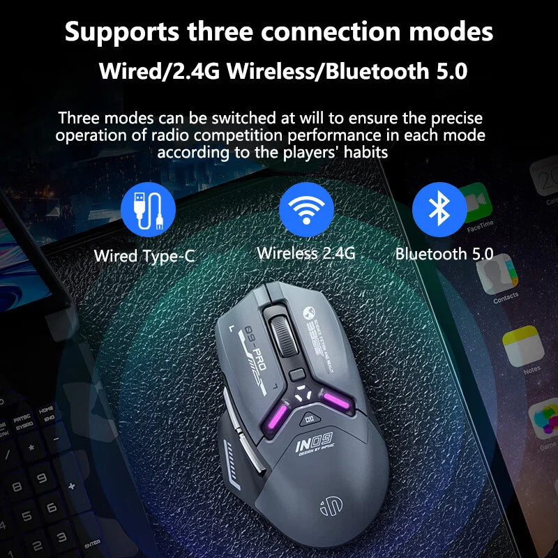 Inphic IN9PRO belaidė žaidimų pelė, 26000DPI, 8K apklausos dažnis, Bluetooth 5.0, laidinė, 2.4G, trijų režimų RGB ergonominė žaidimų pelė