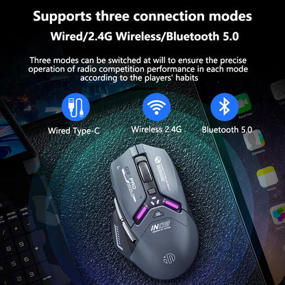 Inphic IN9PRO belaidė žaidimų pelė, 26000DPI, 8K apklausos dažnis, Bluetooth 5.0, laidinė, 2.4G, trijų režimų RGB ergonominė žaidimų pelė