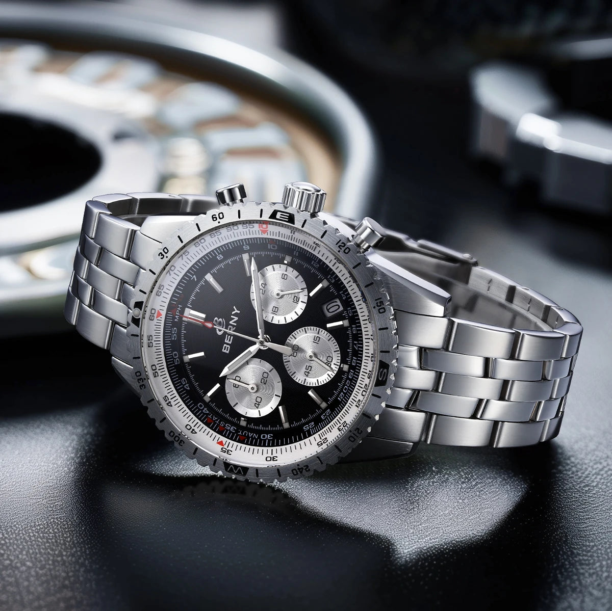 Relógio de homem BERNY Aviation – Cronógrafo de quartzo com data, vidro de safira e revestimento ultraluminescente – Relógio elegante de marca de luxo