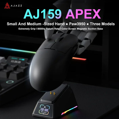 Mouse gaming Ajazz AJ159 PRO/APEX 8000Hz Rebound Rate Paw3950 con schermo a colori, supporto magnetico AJ159P per ufficio e gaming