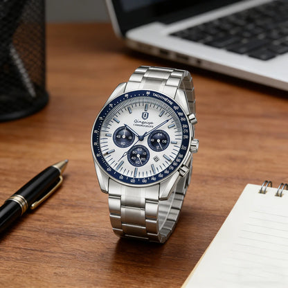 Relógio de quartzo para homem, de marca de luxo, estanque e luminescente, em aço inoxidável, equipado com um cronógrafo de 24 horas e um indicador de data – Relógio elegante para homem
