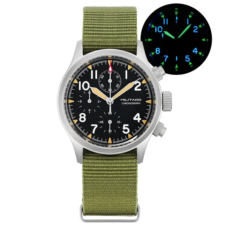 Orologio cronografo al quarzo Militado VK61 VK67, 39mm, cassa in acciaio inox 316L, 3 quadranti, impermeabile 100M, orologio militare multifunzione