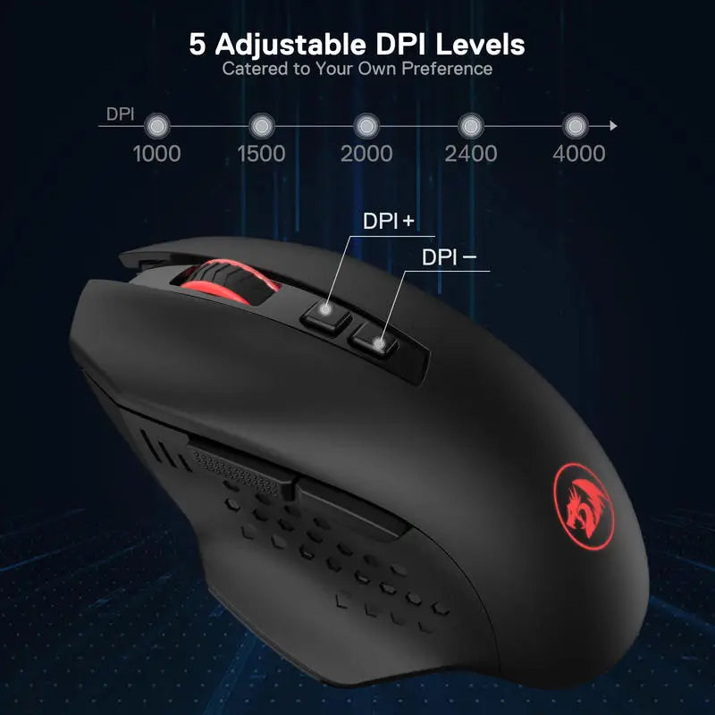 Mouse Gaming Wireless Redragon M656 Gainer, 4000 DPI, Mouse Gamer Wireless 2.4Ghz con 5 livelli DPI, 7 pulsanti macro, retroilluminazione LED rossa