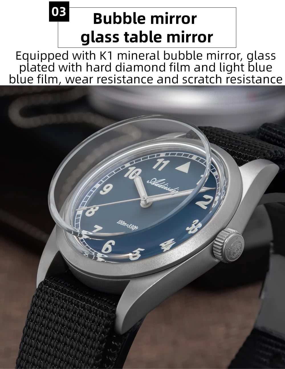 Reloj analógico para hombre ADDIESDIVE de 36mm con cristal de espejo abombado, resistente al agua 100m, luminoso, reloj de cuarzo sencillo para hombre con correa de nailon
