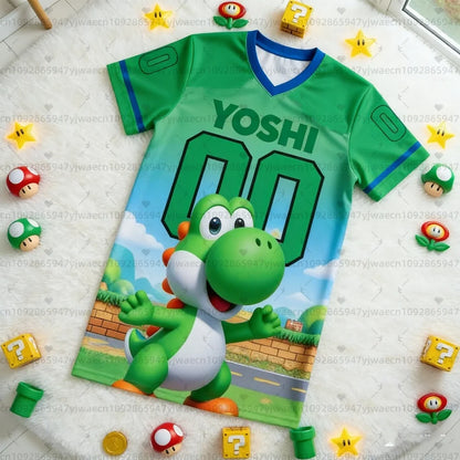2026 New Super Mario 3D Printed V-Neck T-Shirt, Casual Summer Short Sleeve Cosplay Graphic Tee, Fashion Top for Kids and Adults