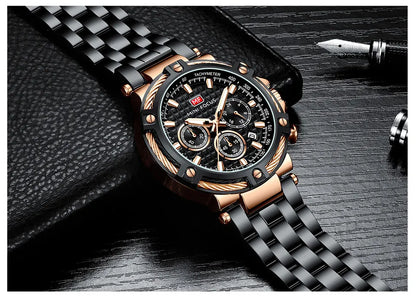MINI FOCUS Black Stainless Steel Quartz Watch Men Fashion Luminous Dress Wristwatch with Date 24-hour Display Chronograph 0470