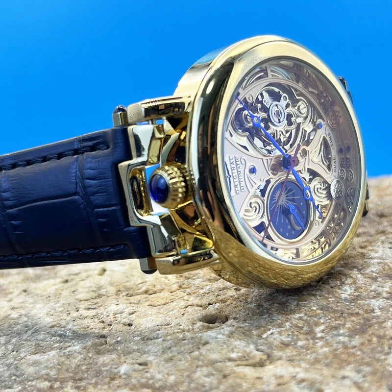  Top Luxury Moon Phase Men's Watches Original Mechanical Leather Men Clock Date Week Hollow Tourbillon Automatic Man Watch
