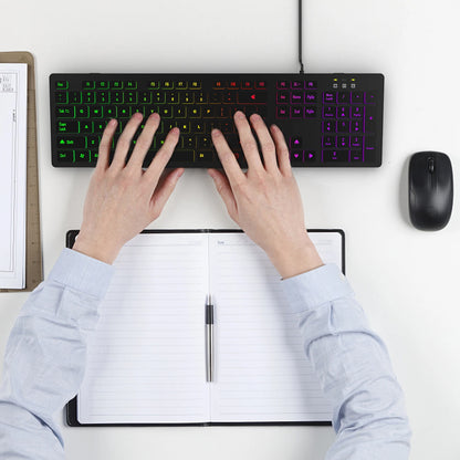 Tastiera da gaming per computer retroilluminata RGB silenziosa, tastiera cablata USB per ufficio e casa, russo, francese, spagnolo, tedesco, arabo, inglese