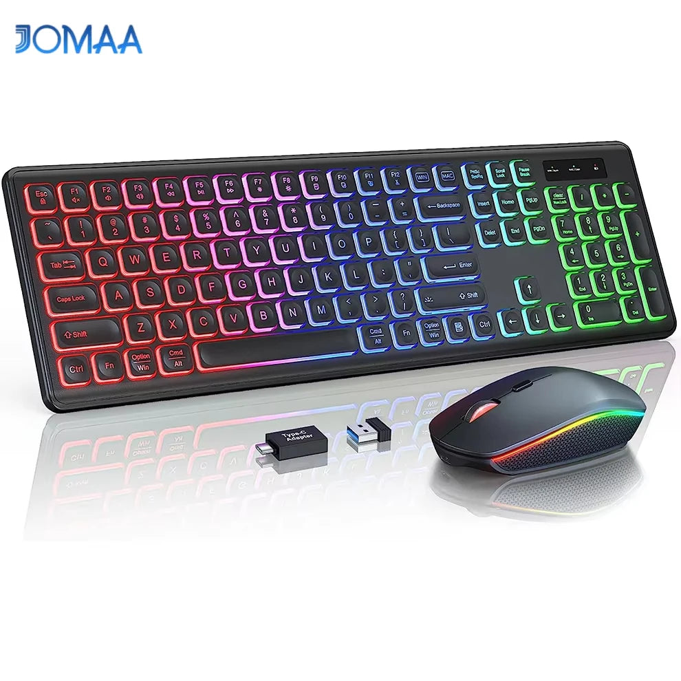 Combo tastiera e mouse wireless con retroilluminazione RGB, lettere illuminate ricaricabili, formato full-size, ergonomico, modalità sleep, 2.4GHz